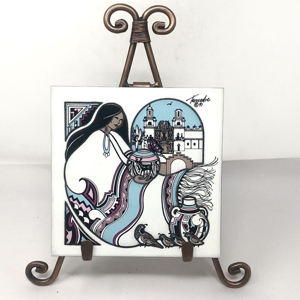 Cleo Teissedre Hand Painted Ceramic Tile Trivet Woman Birds VTG 1991  6" + Easel
